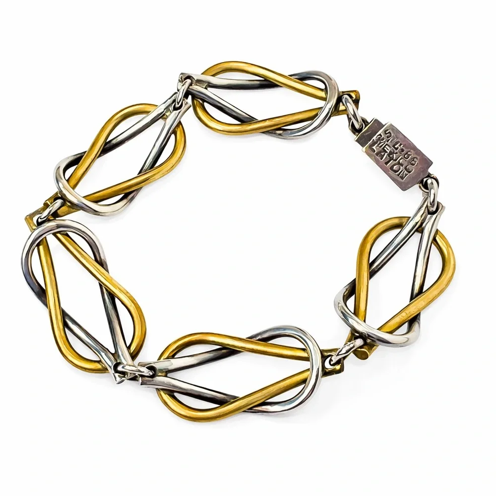 Taxco Mexico 925 Sterling Silver & Latón Infinity Link Bracelet Vintage 7”